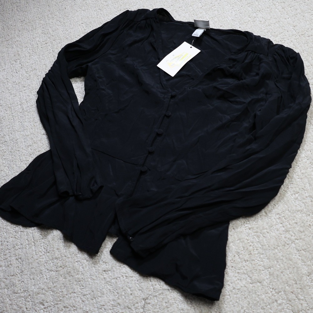 A New Day Womens XS Black Long Sleeve Button Down V-Neck Peplum Blouse NWT